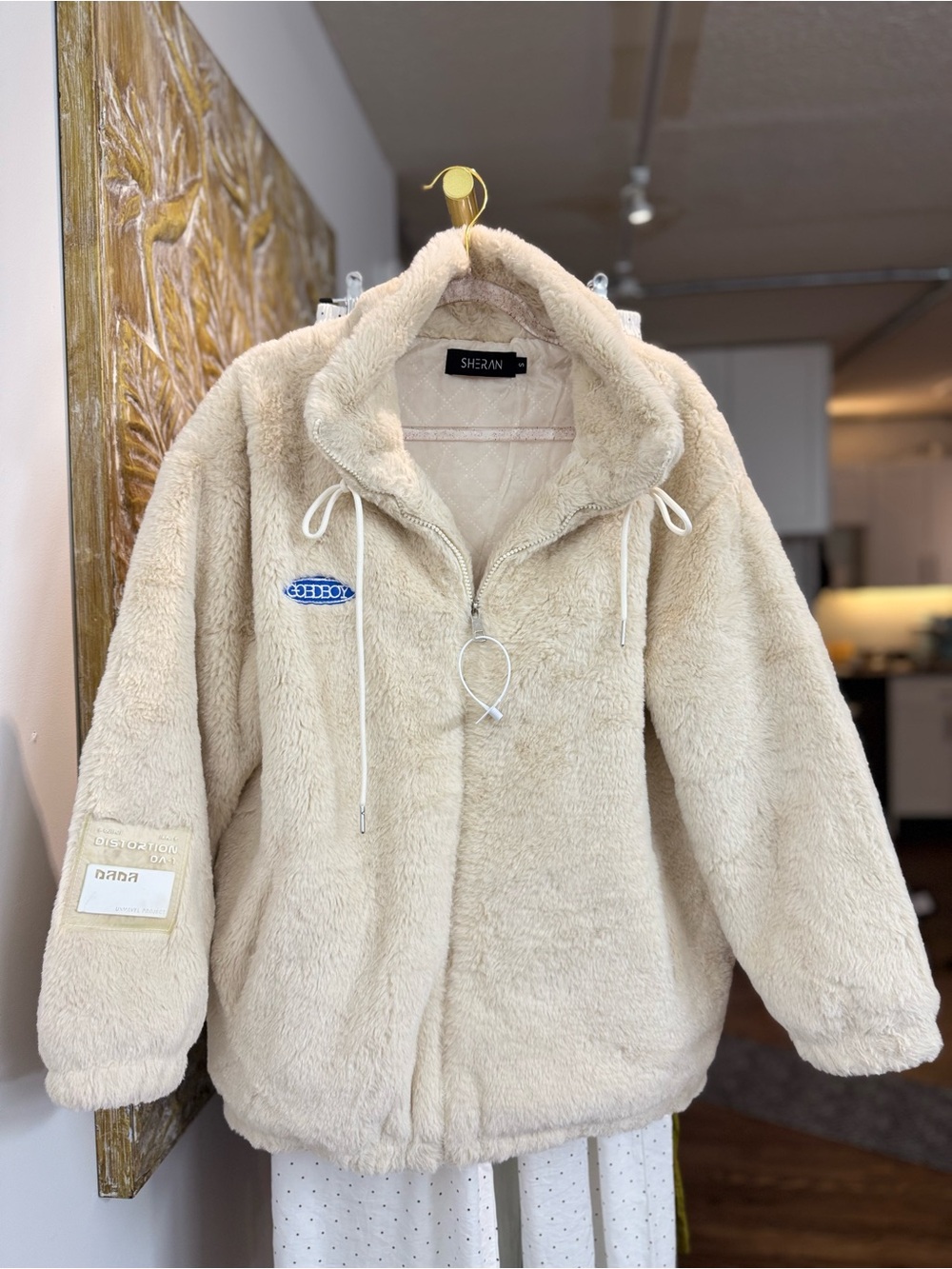 Cream Plush Teddy Zip-Up Jacket with Drawstring Collar